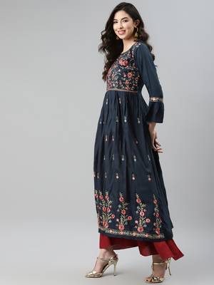 Navy-blue embroidered cotton ethnic-kurtis 3