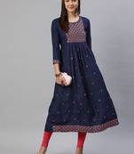 Navy-blue embroidered cotton ethnic-kurtis