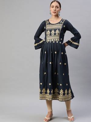 Navy-blue embroidered cotton ethnic-kurtis 1