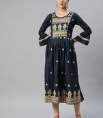 Navy-blue embroidered cotton ethnic-kurtis