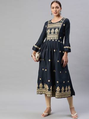 Navy-blue embroidered cotton ethnic-kurtis 2
