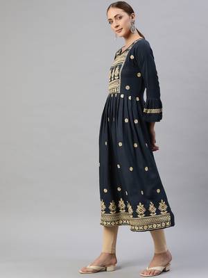 Navy-blue embroidered cotton ethnic-kurtis 3
