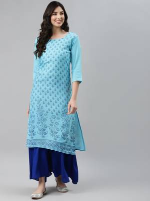 Turquoise printed cotton ethnic-kurtis 1