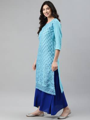 Turquoise printed cotton ethnic-kurtis 2