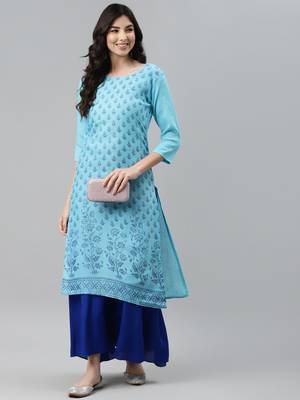 Turquoise printed cotton ethnic-kurtis 3