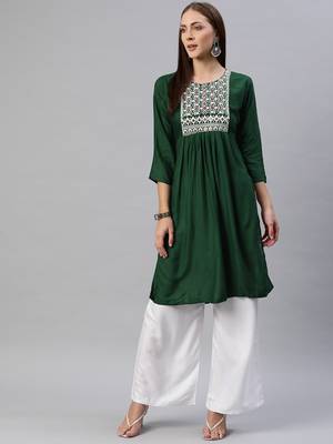 Dark-green embroidered cotton ethnic-kurtis 1
