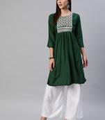 Dark-green embroidered cotton ethnic-kurtis