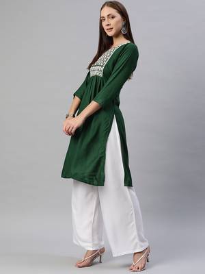 Dark-green embroidered cotton ethnic-kurtis 2