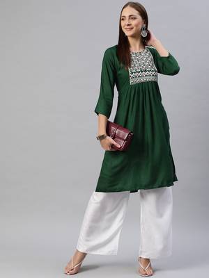 Dark-green embroidered cotton ethnic-kurtis 3