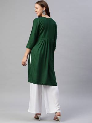 Dark-green embroidered cotton ethnic-kurtis 4