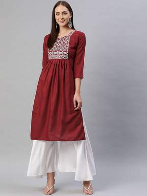 Maroon embroidered cotton ethnic-kurtis 1