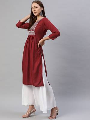 Maroon embroidered cotton ethnic-kurtis 2
