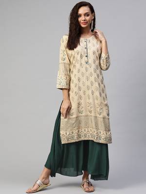 Beige printed cotton ethnic-kurtis 1