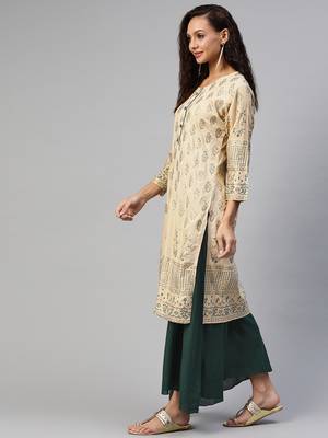 Beige printed cotton ethnic-kurtis 2