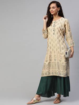 Beige printed cotton ethnic-kurtis 3