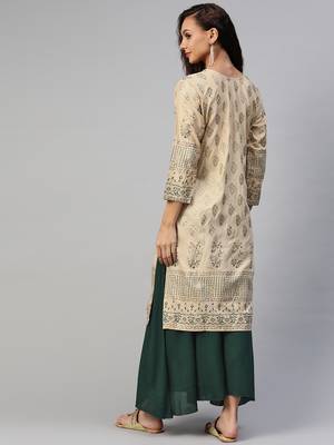Beige printed cotton ethnic-kurtis 4