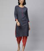 Navy-blue printed cotton ethnic-kurtis