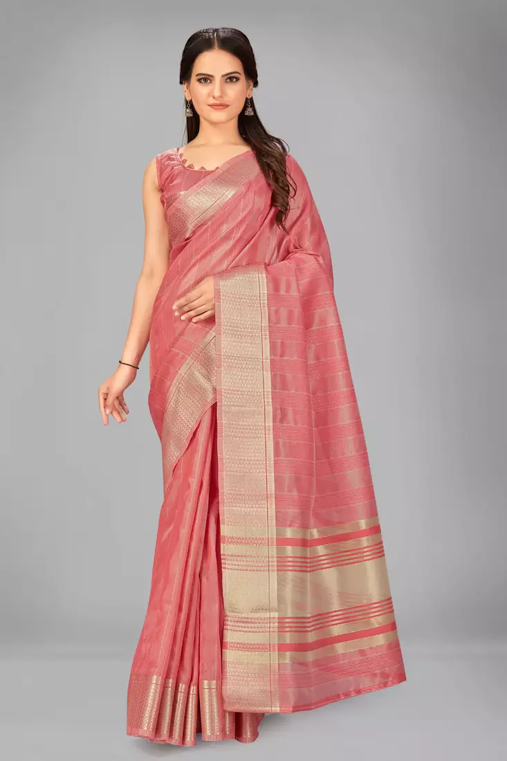 Pink woven silk saree with blouse