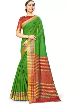Leeza Store Women'S Green Cotton Silk Kota Doria Jacquard Woven Zari Contrast Colour Saree 