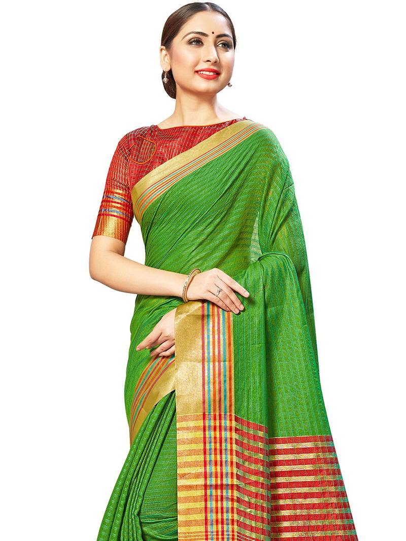 Leeza Store Women'S Green Cotton Silk Kota Doria Jacquard Woven Zari Contrast Colour Saree 