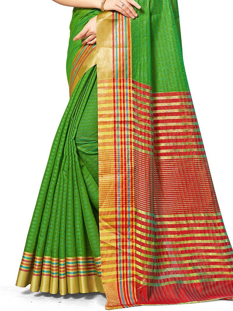 Leeza Store Women'S Green Cotton Silk Kota Doria Jacquard Woven Zari Contrast Colour Saree 