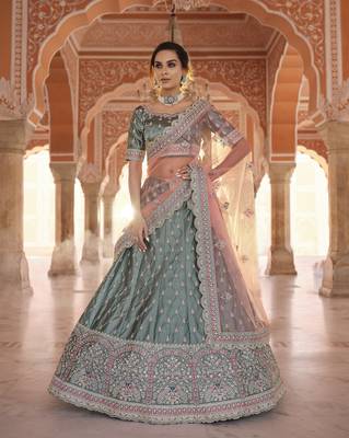 Teal thread embroidery satin semi stitched lehenga 1
