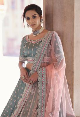 Teal thread embroidery satin semi stitched lehenga 2