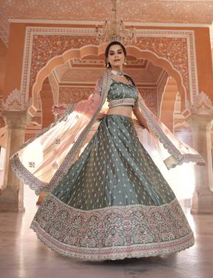 Teal thread embroidery satin semi stitched lehenga 3