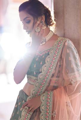 Teal thread embroidery satin semi stitched lehenga 4