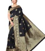 Leeza Store Women's Navy Blue Silk Blend Traditional Banarasi StyleGold Zari Butta Butti Paisley Border Saree 