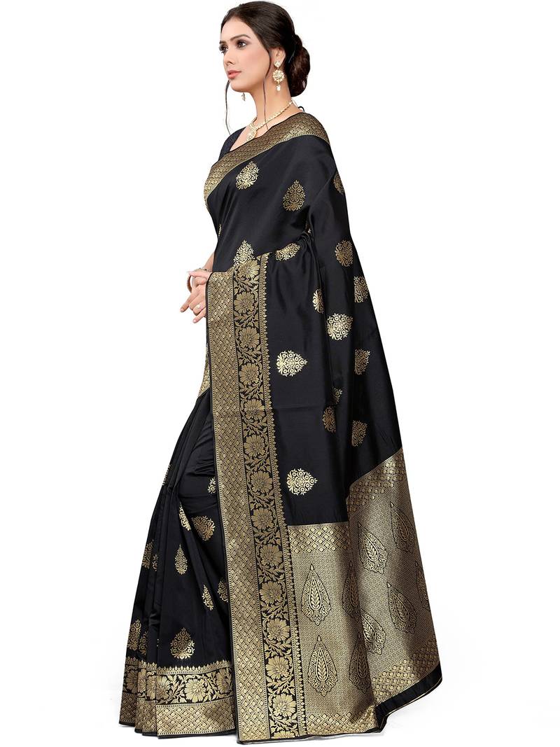 Leeza Store Women's Navy Blue Silk Blend Traditional Banarasi StyleGold Zari Butta Butti Paisley Border Saree 