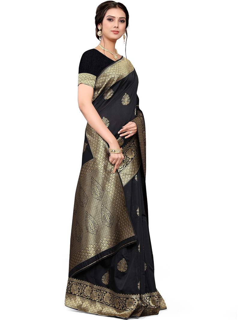 Leeza Store Women's Navy Blue Silk Blend Traditional Banarasi StyleGold Zari Butta Butti Paisley Border Saree 