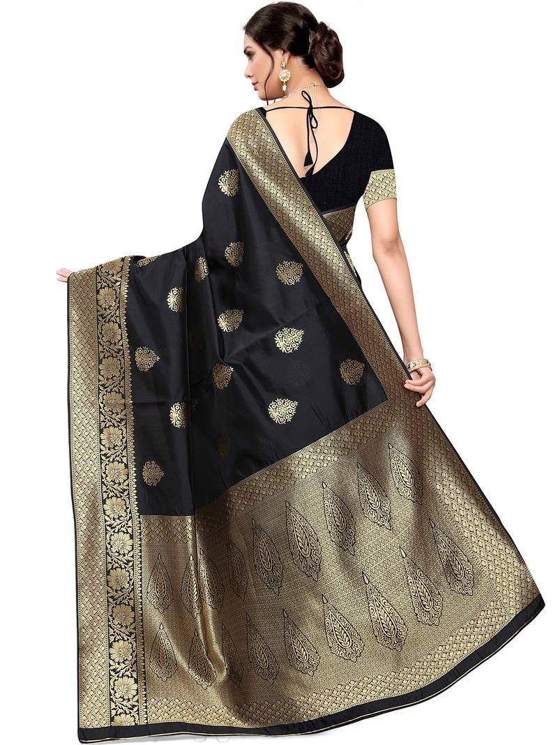 Leeza Store Women's Navy Blue Silk Blend Traditional Banarasi StyleGold Zari Butta Butti Paisley Border Saree 