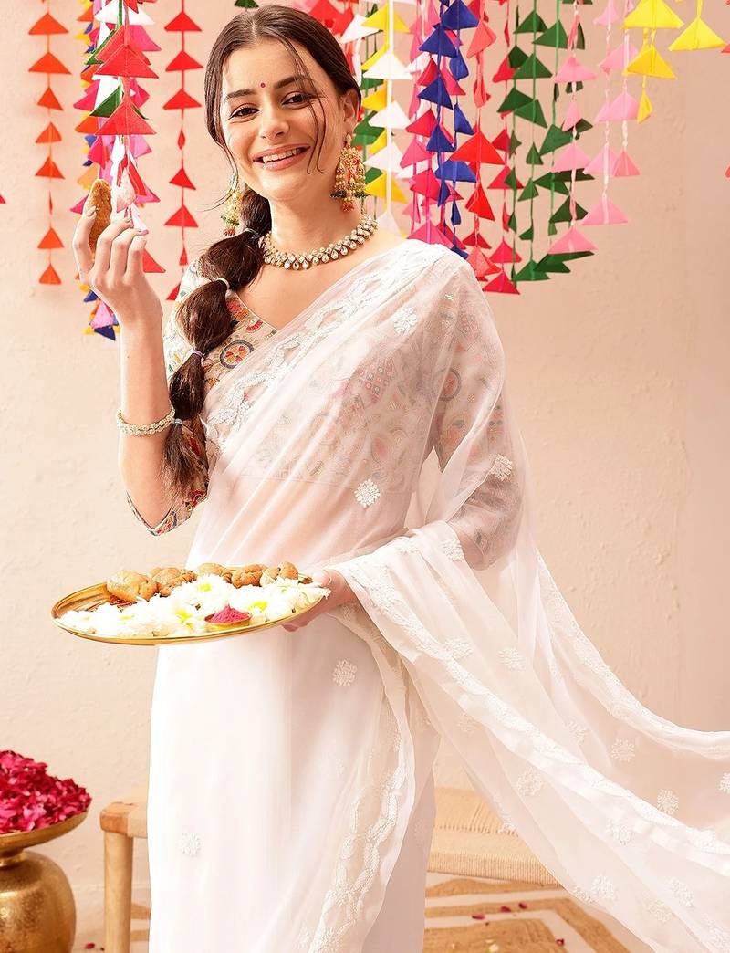 White Hand Embroidered Georgette Lucknowi Chikankari Saree With Blouse