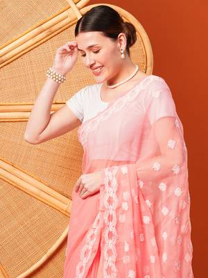 Hand Embroidered Peach Faux Georgette Lucknowi Chikankari Indian Women Saree With Blouse 6
