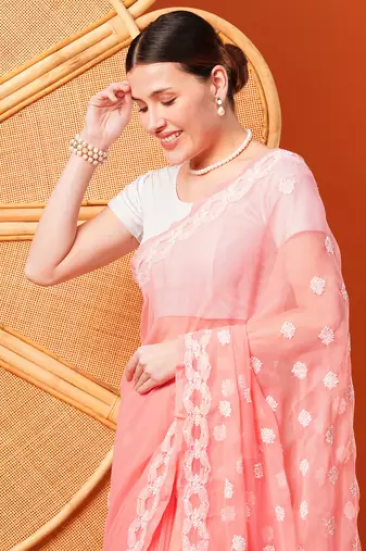 Hand Embroidered Peach Faux Georgette Lucknowi Chikankari Indian Women Saree With Blouse