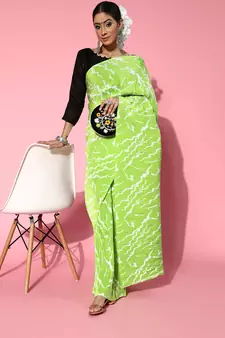 Lime Printed Satin Saree With Blouse