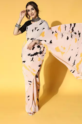 Cream printed satin saree with blouse