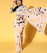 Cream printed satin saree with blouse