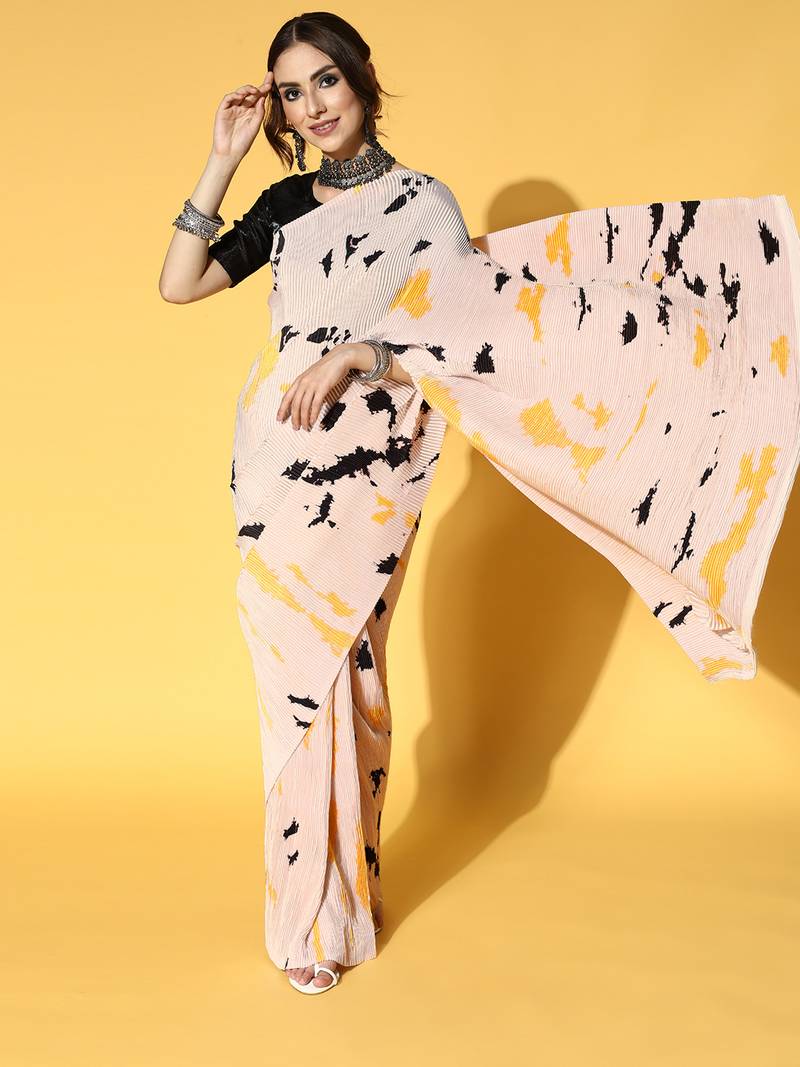 Cream printed satin saree with blouse