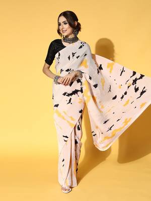 Cream printed satin saree with blouse 4