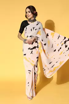 Cream printed satin saree with blouse