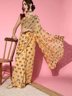 Beige Plain Georgette Saree With Blouse 1