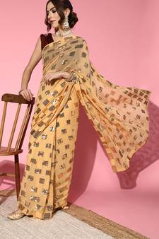 Beige Plain Georgette Saree With Blouse