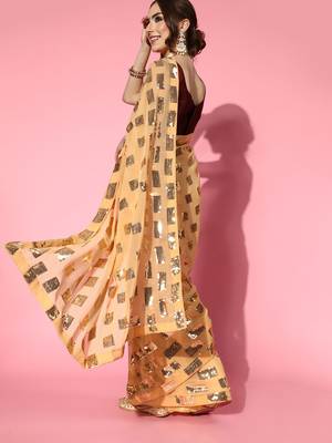 Beige Plain Georgette Saree With Blouse 2