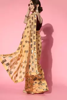 Beige Plain Georgette Saree With Blouse