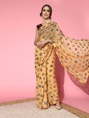 Beige Plain Georgette Saree With Blouse 3