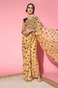 Beige Plain Georgette Saree With Blouse