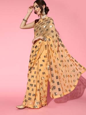 Beige Plain Georgette Saree With Blouse 4