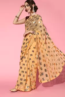 Beige Plain Georgette Saree With Blouse
